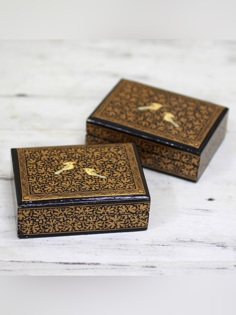 Handmade Avian Whispers in Gold Decorative Boxes from India Set of 2
